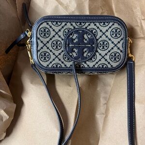 Tory Burch navy blue canvas leather Crossbody Bag